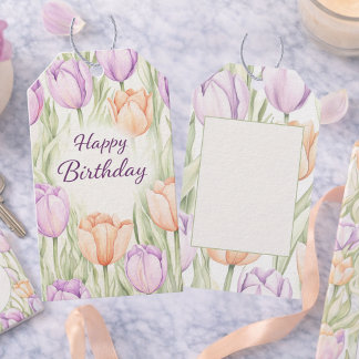 Pastel Peach Purple Spring Floral Happy Birthday Gift Tags