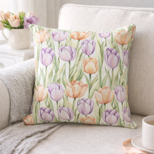 Pastel Peach Purple Tulips Easter Spring Floral Cushion