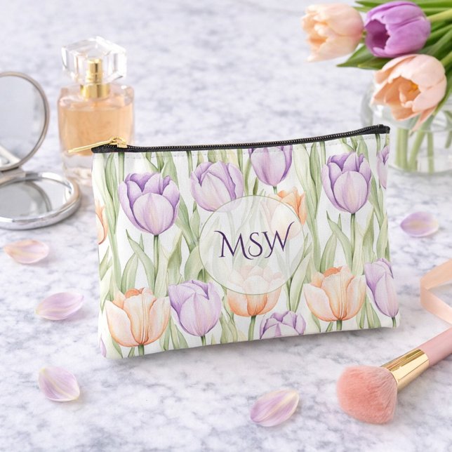 Pastel Peach Purple Tulips Monogram Cosmetic Accessory Pouch (Creator Uploaded)