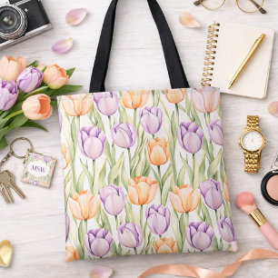 Pastel Peach Purple Tulips Pattern Spring Floral  Tote Bag