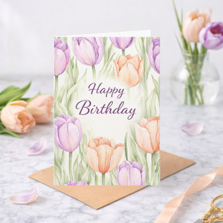 Pastel Peach Purple Tulips Spring Floral Birthday Card