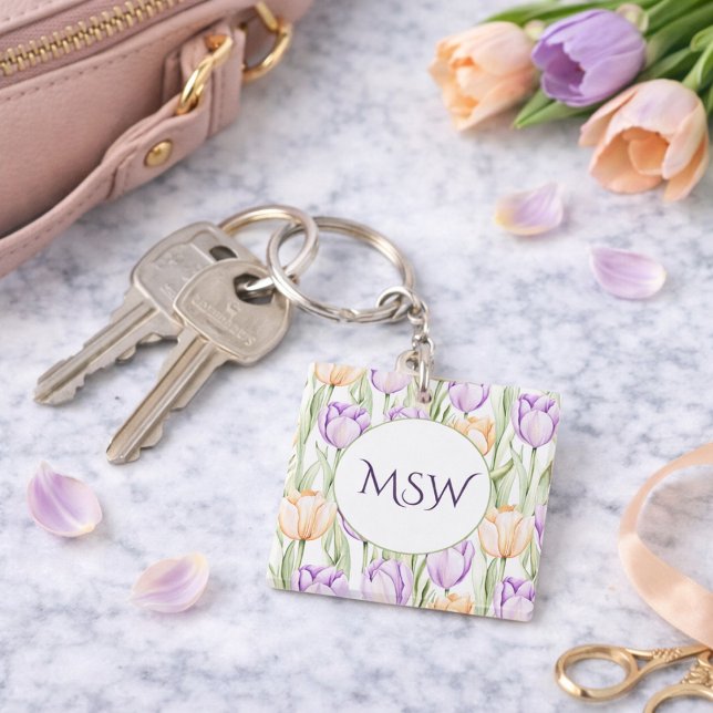 Pastel Peach Purple Tulips Spring Floral Monogram Key Ring (Creator Uploaded)