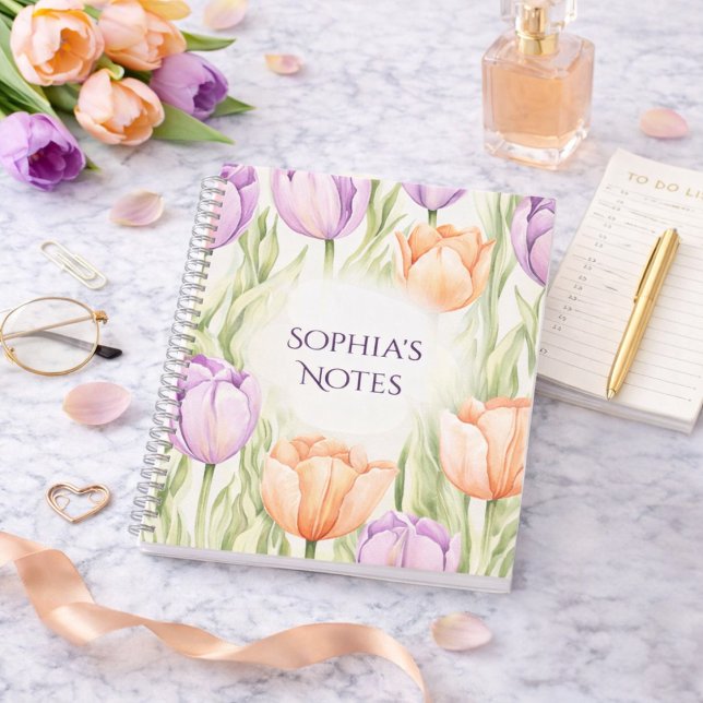 Pastel Peach Purple Tulips Spring Floral Name Notebook (Creator Uploaded)