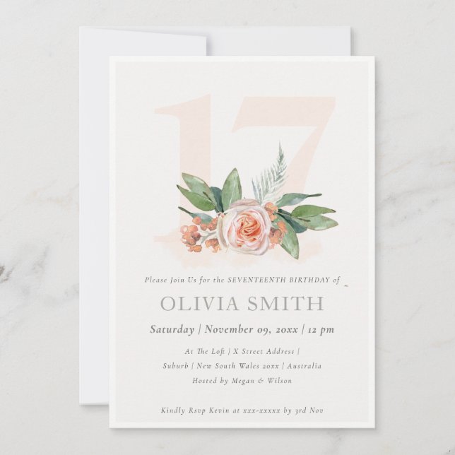 Pastel Peach Rose Floral Bunch 17 Birthday Invite (Front)