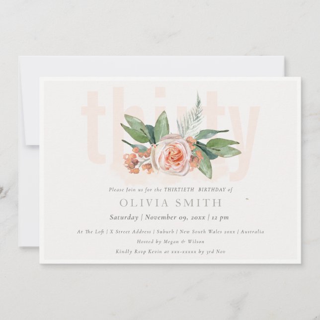 Pastel Peach Rose Floral Bunch 30 Birthday Invite (Front)