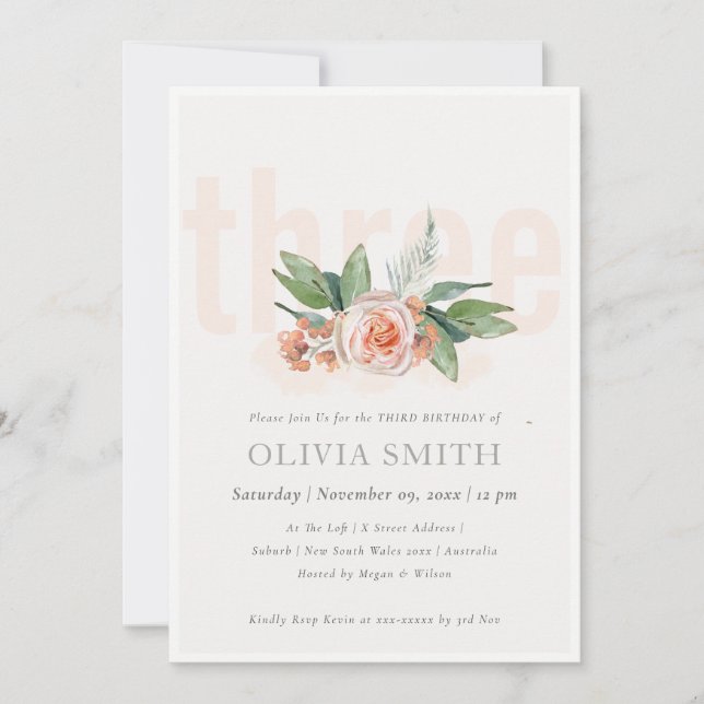 Pastel Peach Rose Floral Bunch 3rd Birthday Invite (Front)