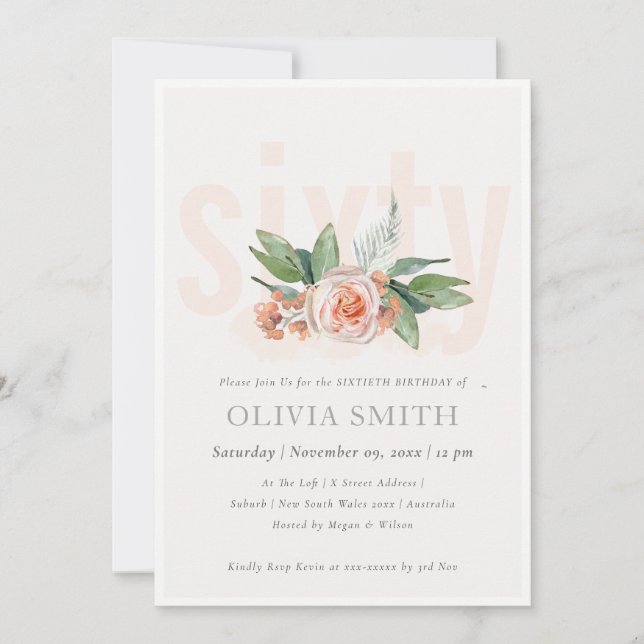 Pastel Peach Rose Floral Bunch 60 Birthday Invite (Front)