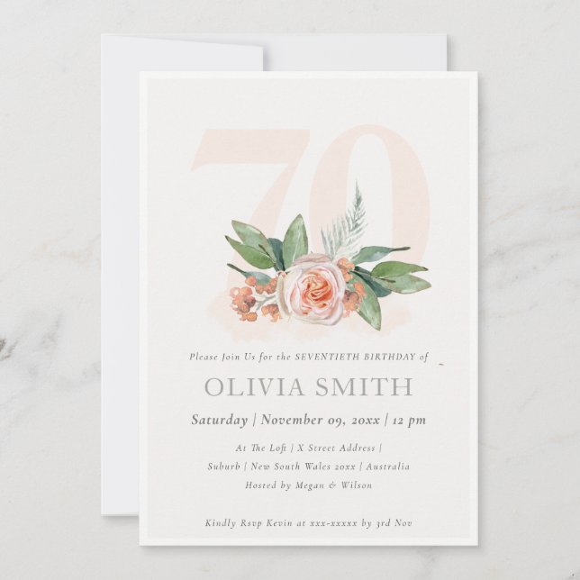 Pastel Peach Rose Floral Bunch 70 Birthday Invite (Front)