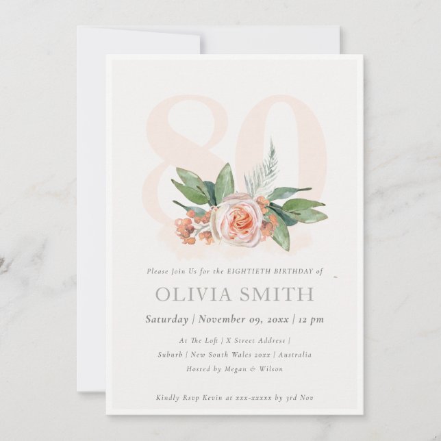 Pastel Peach Rose Floral Bunch 80 Birthday Invite (Front)