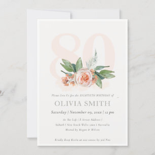 Pastel Peach Rose Floral Bunch 80 Birthday Invite