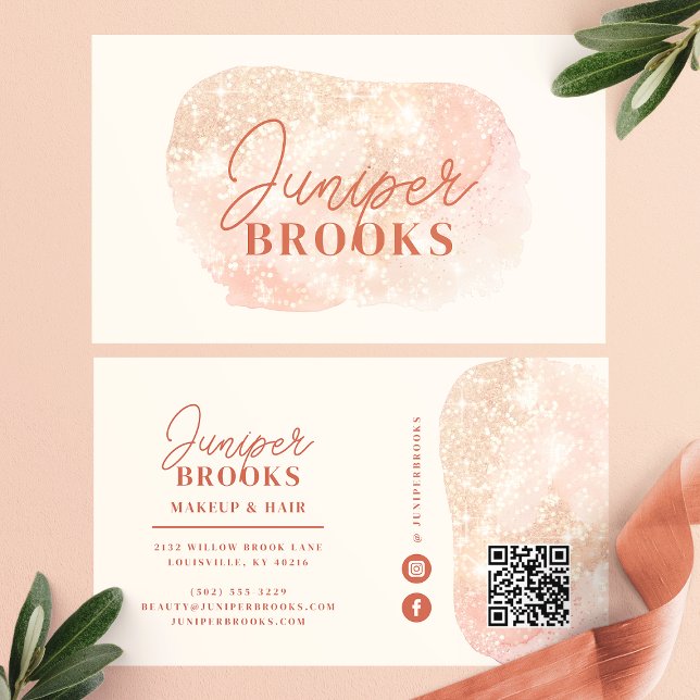 Pastel Peach Social Media QR Code Glitter Business Card (Creator Uploaded)