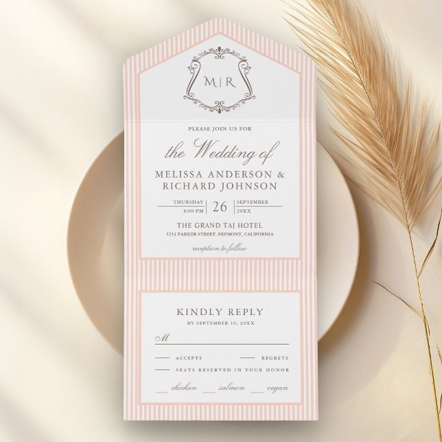 Pastel Peach Striped Crest Monogram Wedding All In One Invitation (Creator Uploaded)