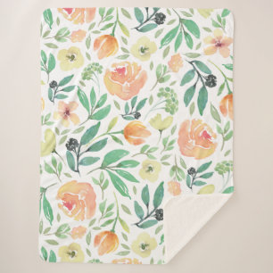 Pastel Peach & Yellow Watercolors Flowers Pattern Sherpa Blanket