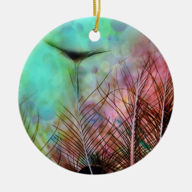 Pastel Peacock Feathers Ceramic Tree Decoration (Front)