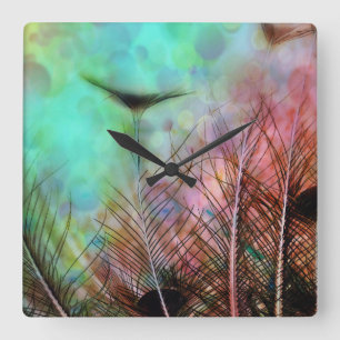 Pastel Peacock Feathers Square Wall Clock