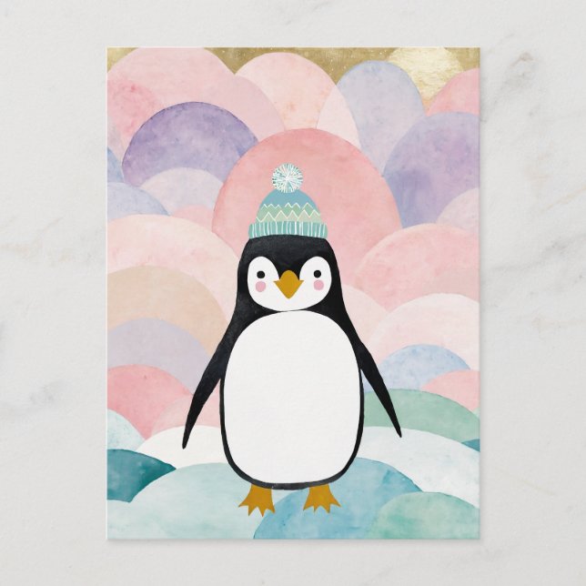 Pastel Penguin Peak Holiday Postcard (Front)