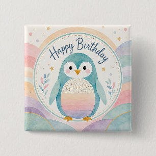 Pastel Penguin Rainbow Birthday Celebration 15 Cm Square Badge