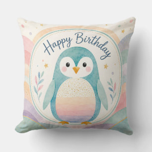 Pastel Penguin Rainbow Birthday Celebration Cushion