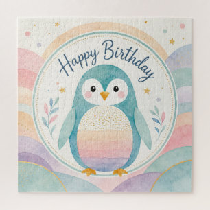 Pastel Penguin Rainbow Birthday Celebration Jigsaw Puzzle