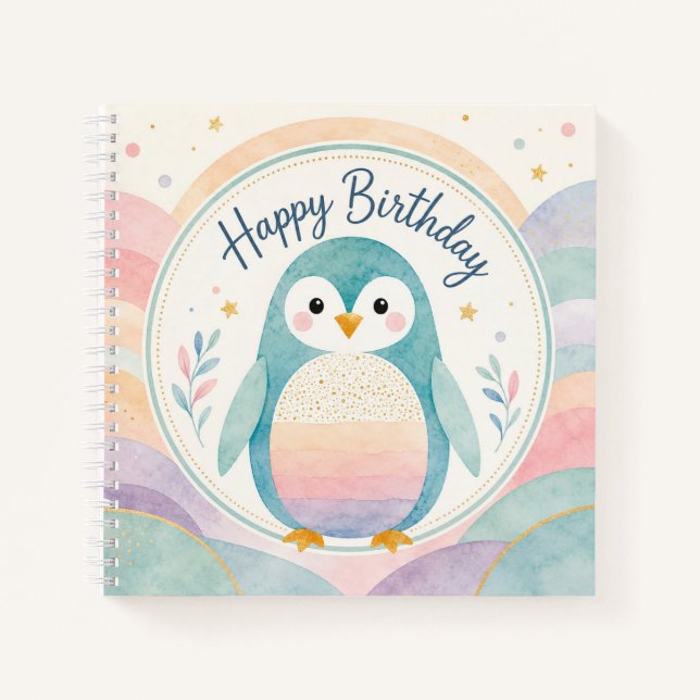 Pastel Penguin Rainbow Birthday Celebration Notebook (Front)