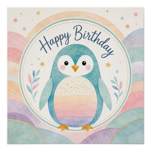 Pastel Penguin Rainbow Birthday Celebration Poster (Front)