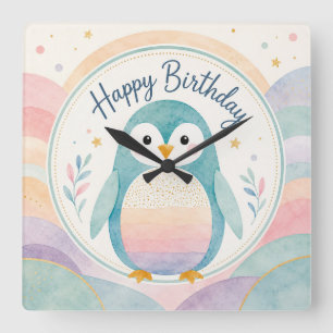Pastel Penguin Rainbow Birthday Celebration Square Wall Clock