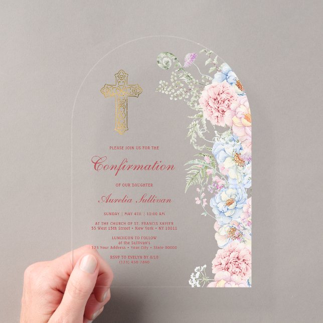 Pastel Peonies Arch Confirmation Acrylic Invitations (Insitu (Handheld))