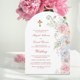 Pastel Peonies Arch Religious Wedding Invitation