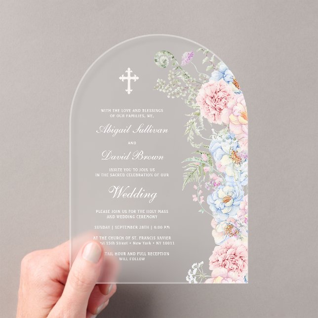 Pastel Peonies Arch Wedding Acrylic Invitations (Insitu (Handheld))