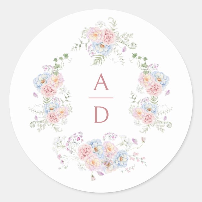 Pastel Peonies Frame Wedding Monograms Classic Round Sticker (Front)