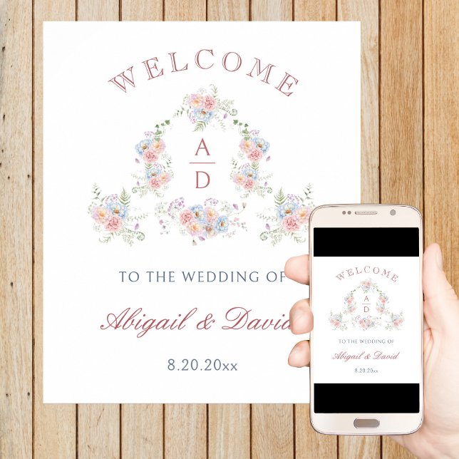 Pastel Peonies Frame Wedding Monograms Welcome Poster (Creator Uploaded)