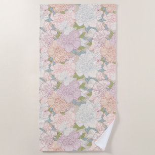 Pastel Peony & Butterfly Flower Pattern Beach Towel