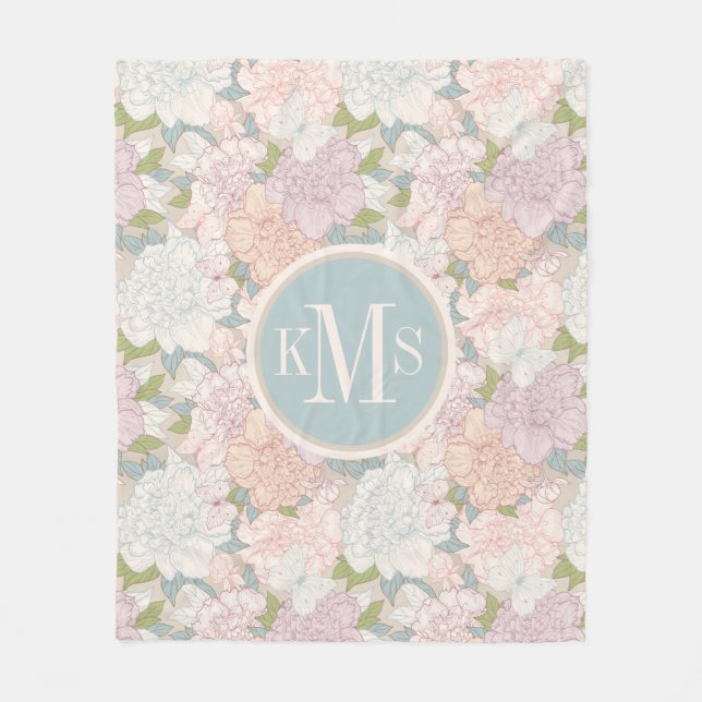 Pastel Peony & Butterfly Flower Pattern Fleece Blanket (Front)
