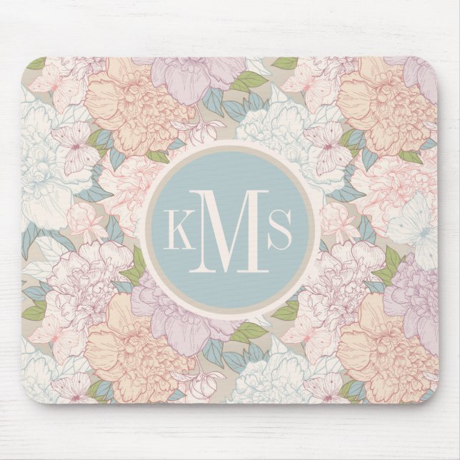 Pastel Peony & Butterfly Flower Pattern Mouse Pad (Front)