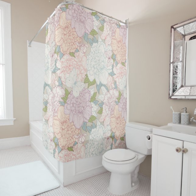 Pastel Peony & Butterfly Flower Pattern Shower Curtain (In Situ)