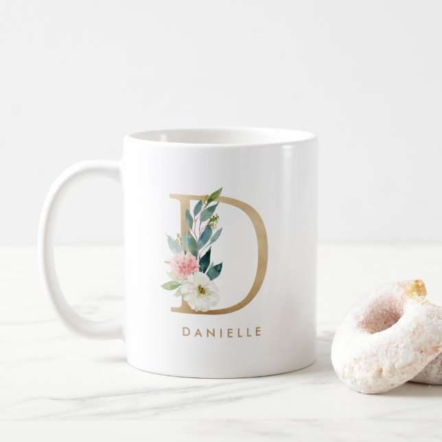 Pastel Peony Floral Letter D Gold Foil Monogram Coffee Mug (With Donut)