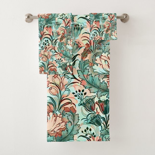 Pastel Peony Tulip Crocus William Morris Pattern Bath Towel Set (Insitu)