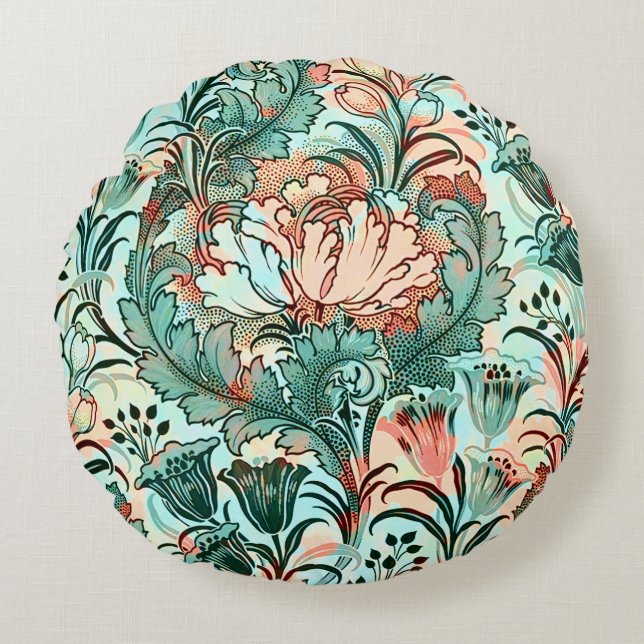 Pastel Peony Tulip Crocus William Morris Pattern Round Cushion (Front)