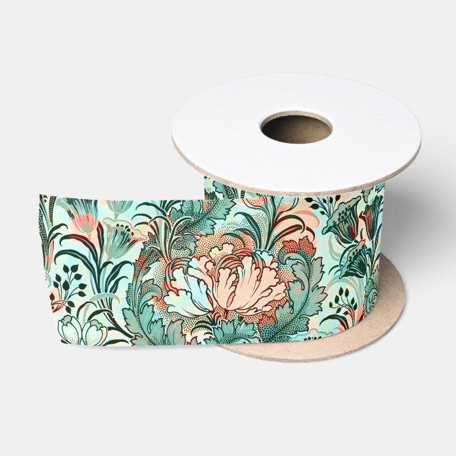 Pastel Peony Tulip Crocus William Morris Pattern Satin Ribbon (Spool)