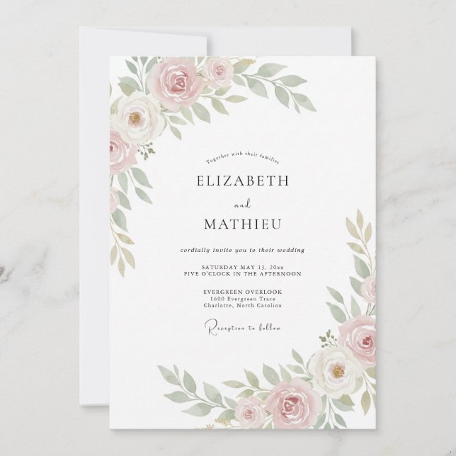Pastel Petal Pink Leafy Wedding Invitation (Front)