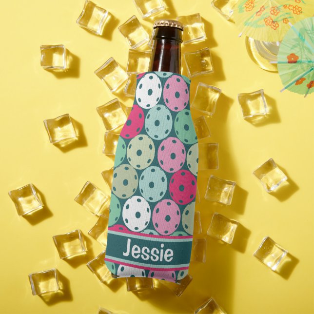 Pastel Pickleballs on dark green, with name Bottle Cooler (In Situ Summer)