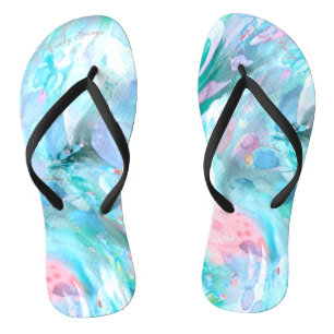 Pastel Pinched Flowery Nature BlueGreenPink Text Jandals