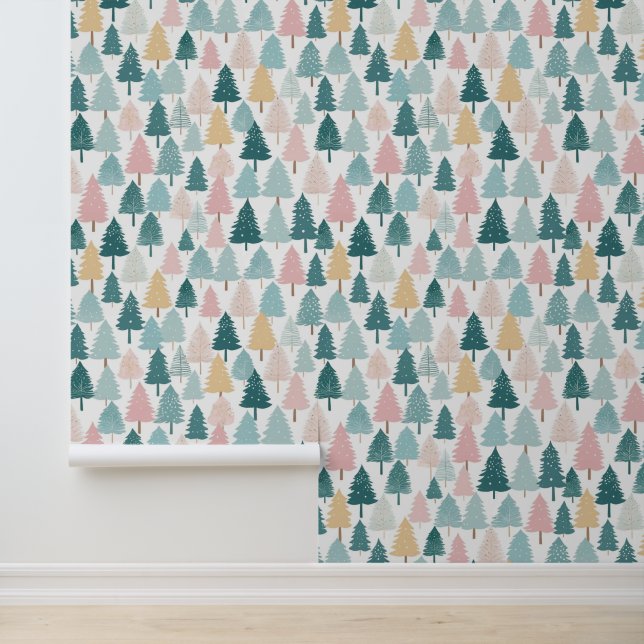 Pastel Pine Forest Christmas Trees Patterned Wallpaper (Application)