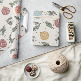 Pastel Pine Holly Ornaments Christmas Wrapping Paper
