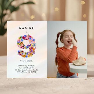 Pastel Pink 9th Birthday Floral Invitation Photo