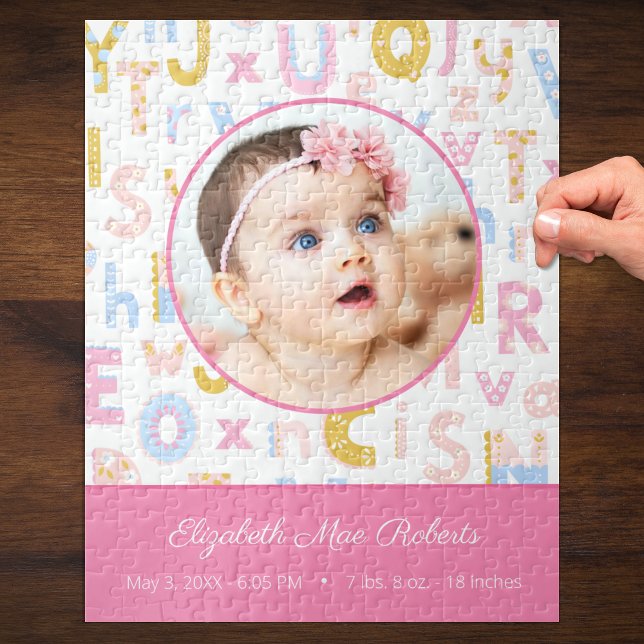Pastel Pink ABC Birth Record Stat Baby Girls Photo Jigsaw Puzzle (Creator Uploaded)