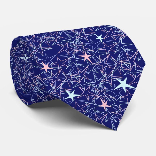 Pastel pink and aqua stars on a dark blue tie (Rolled)