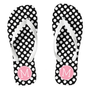 Pastel Pink and Black Polka Dots Custom Monogram Jandals