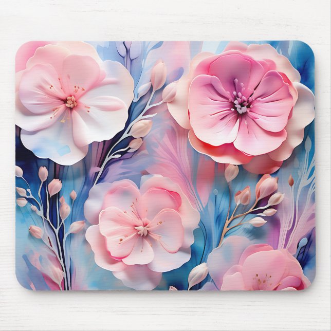 Pastel Pink and Blue Alcohol Ink Floral Pattern Mouse Pad (Front)