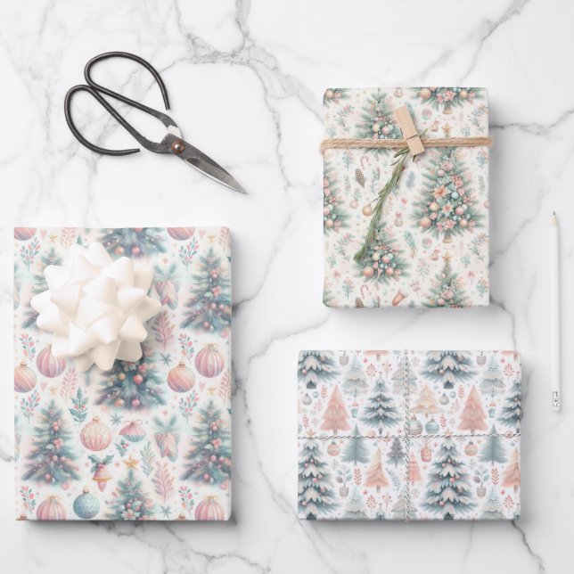 Pastel Pink and Blue Christmas Trees Decorated Wrapping Paper Sheet (Front)
